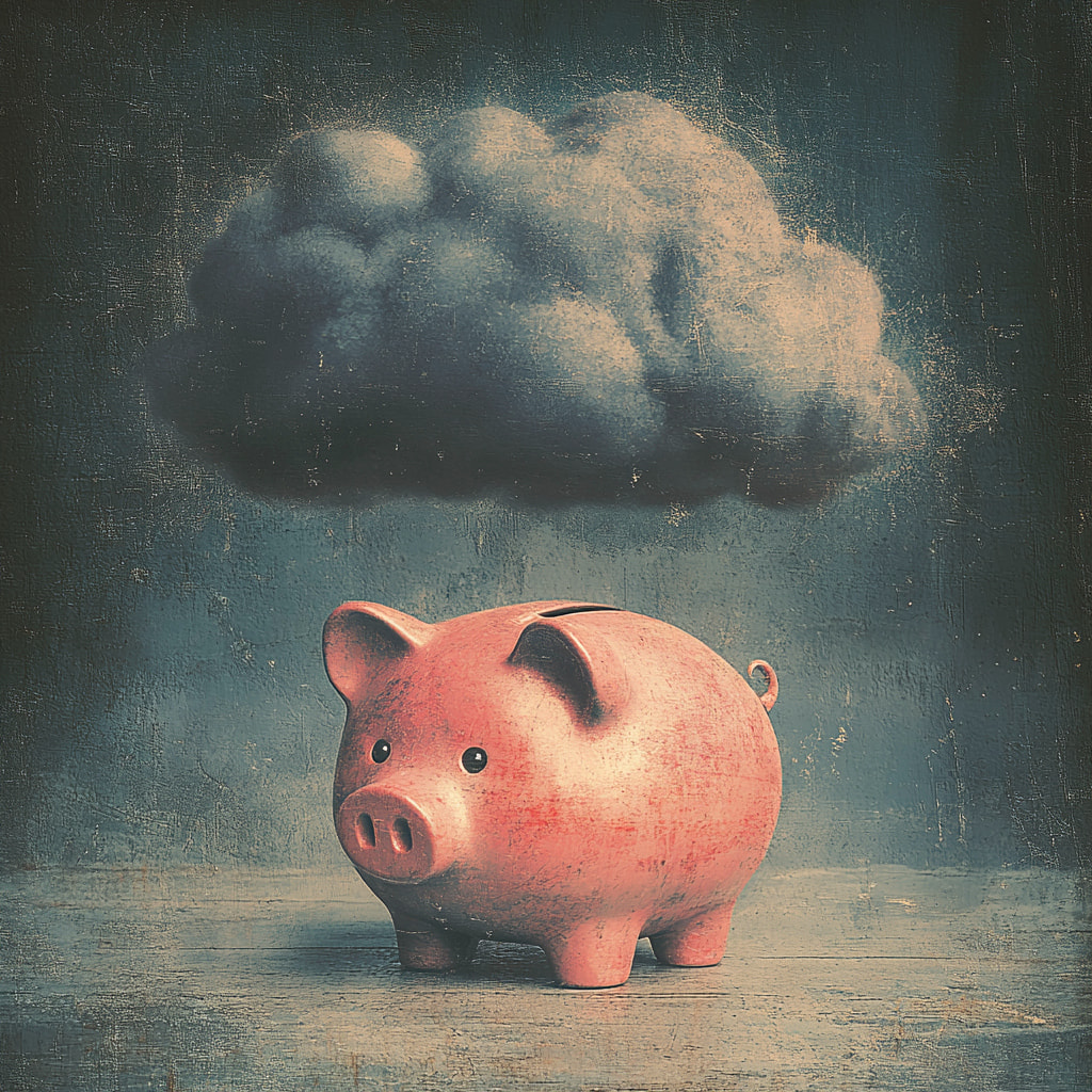 Illustration of a piggy bank, with gathering storm clouds.