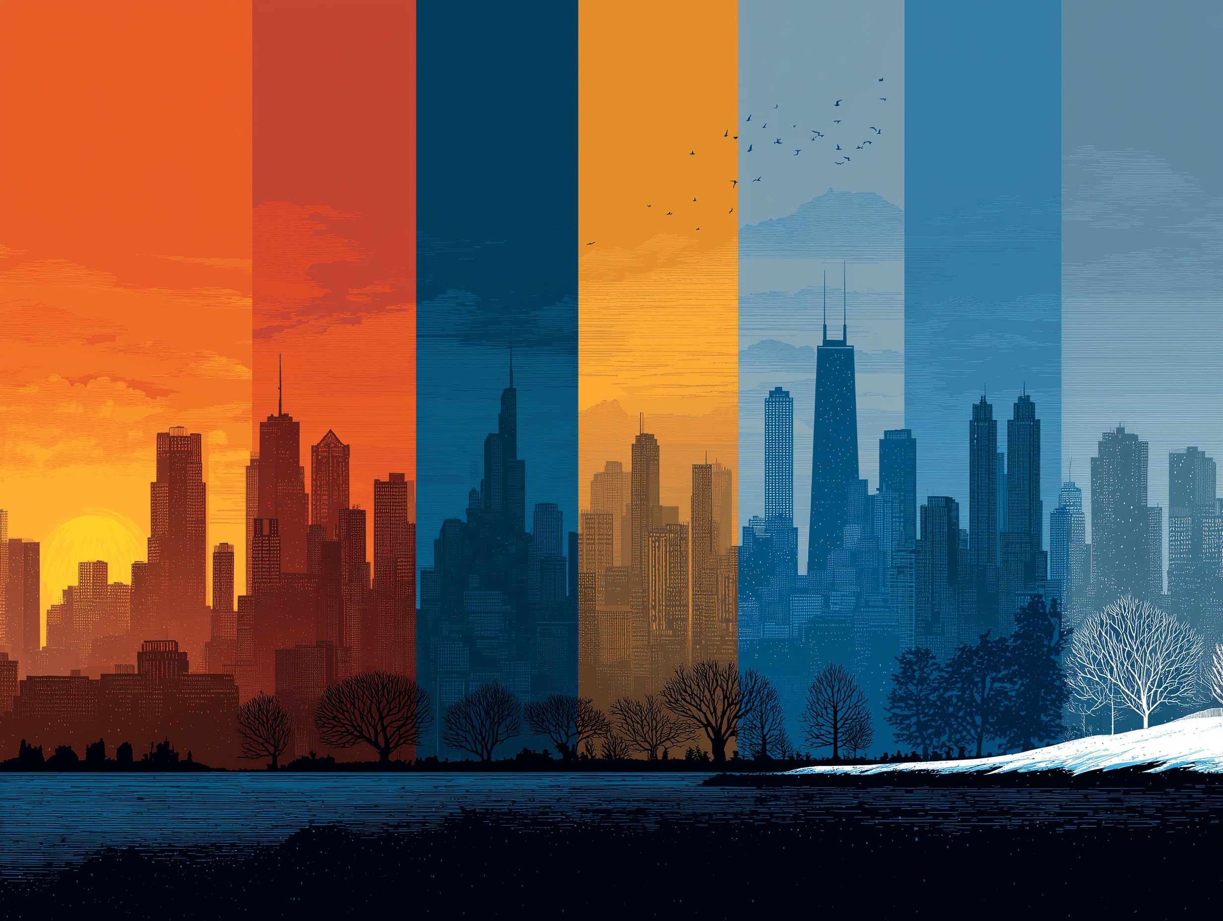 A skyline transitions from summer to winter