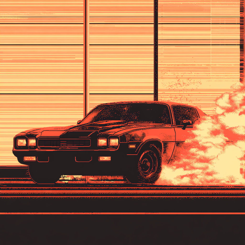 A muscle car skidding on the road, smoke billowing from its tires, bathed in eerie orange light – something unnatural in the air.
