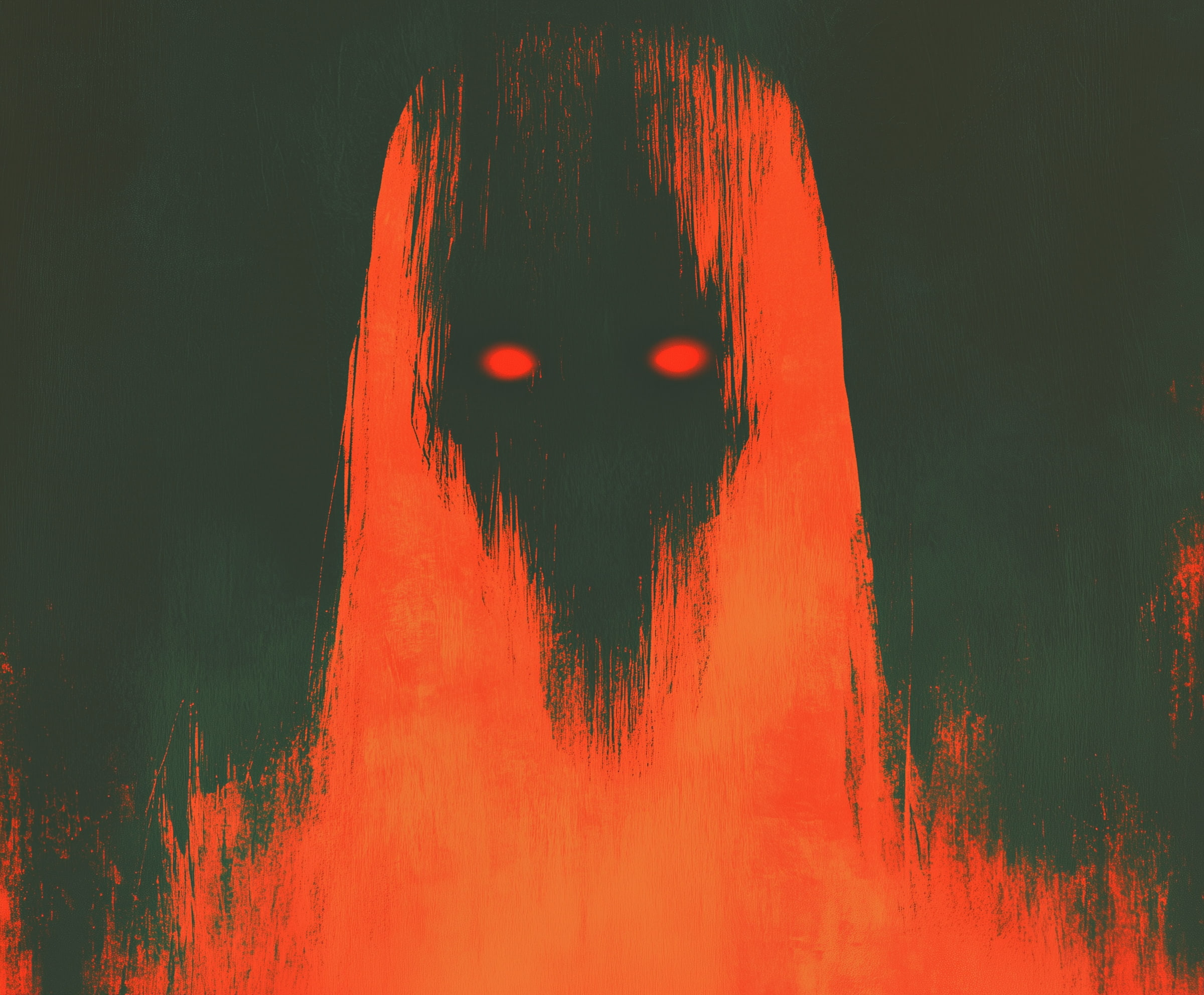 A shadowy figure with glowing red eyes emerges ominously from darkness, its form cloaked in fiery red and black
brush strokes, evoking fear and uncertainty.