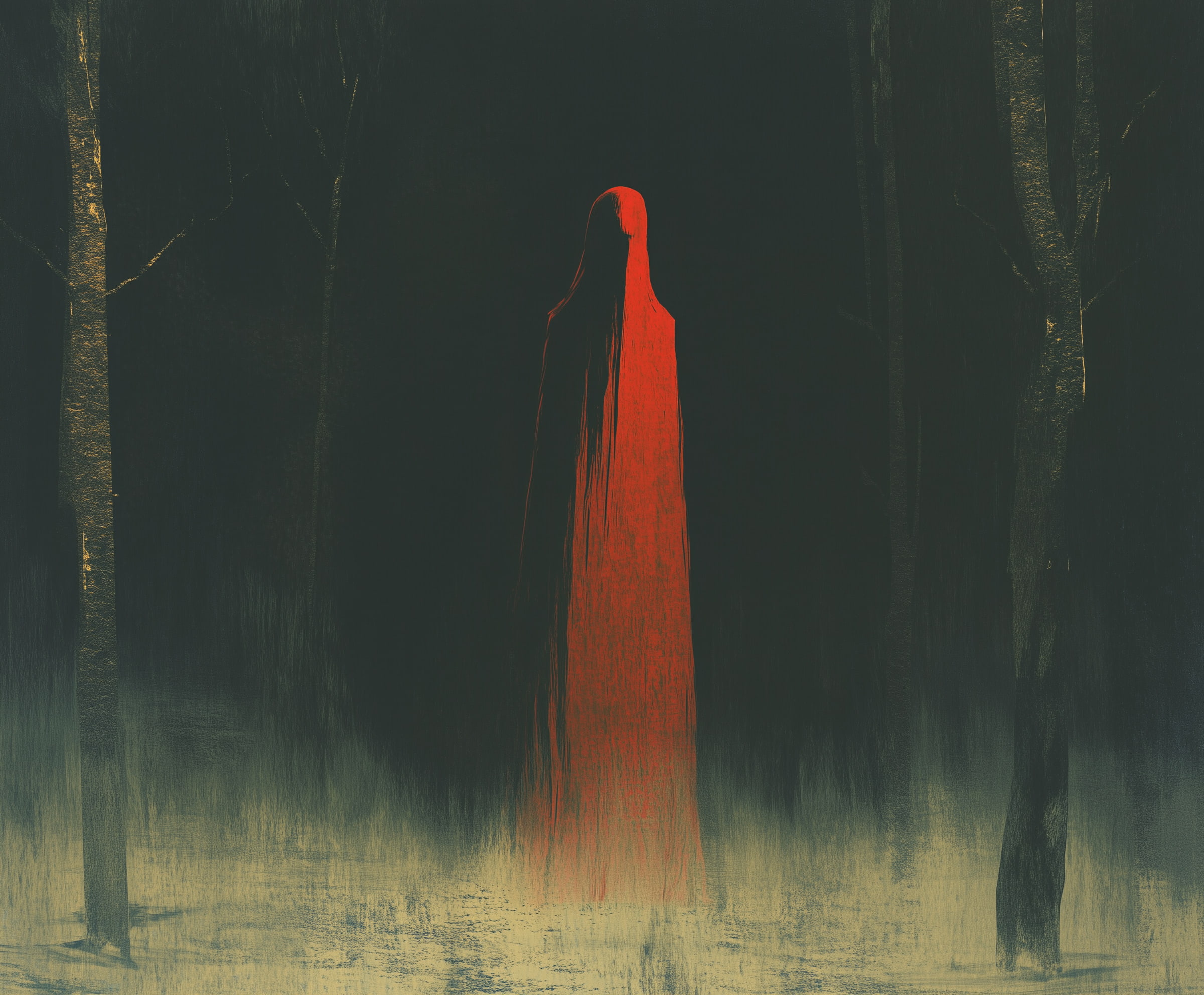 A shadowy figure cloaked in crimson stands silently among dark trees, ominously illuminated against a midnight
forest.