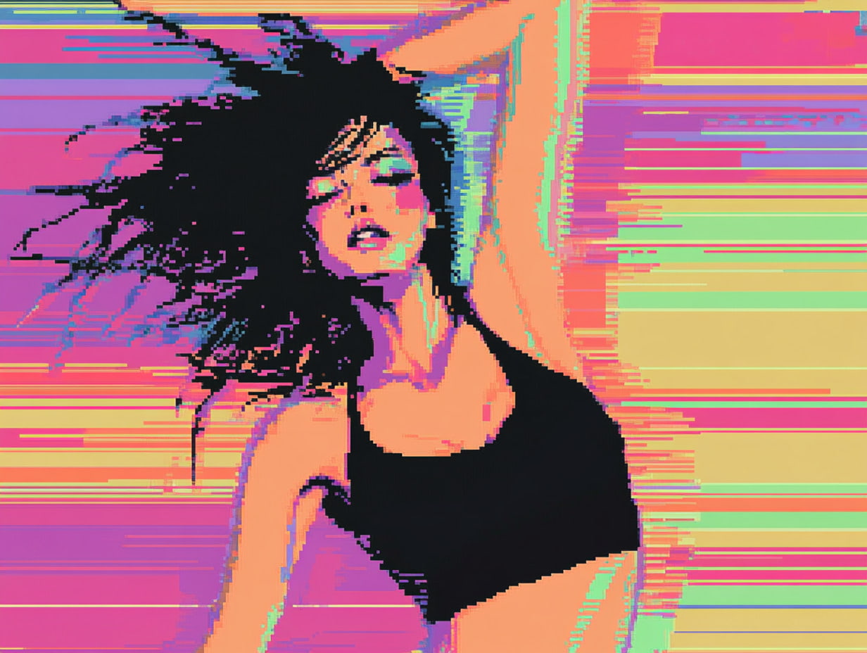 Pixel art of a young woman dancing in radiant colors, silhouetted against vibrant, glitched streaks of orange, pink, and green.