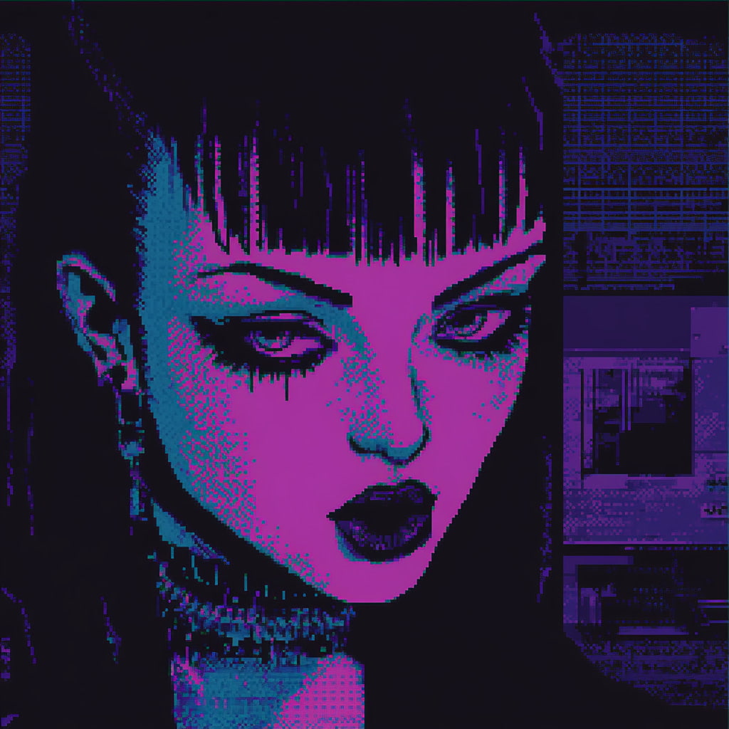 A cyberpunk femme fatale with razor-cut bangs and a gaze like a slow-loading threat, bathed in deep magenta and electric blue neon.