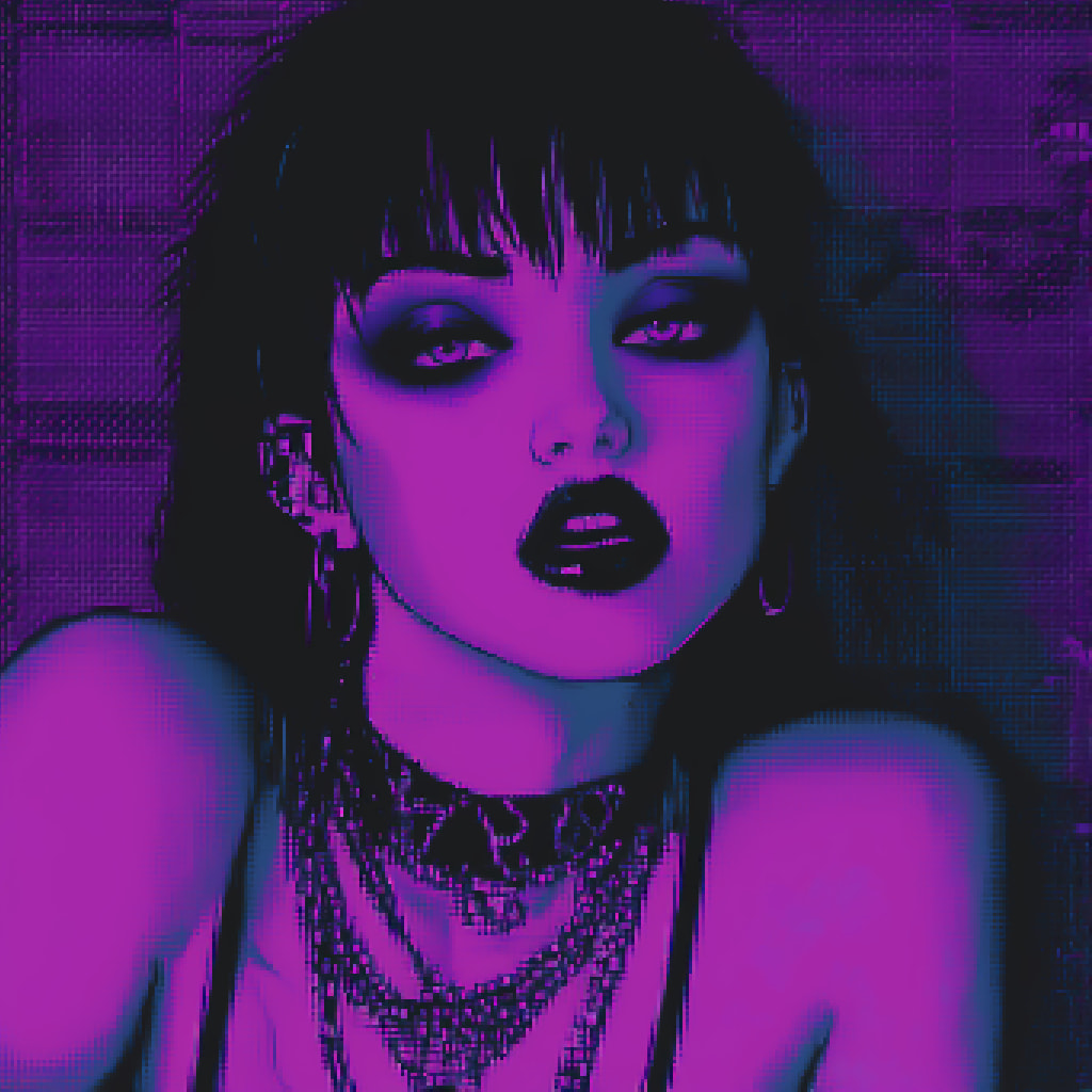 A cyberpunk femme fatale, drenched in neon violet, eyes heavy with danger and desire.