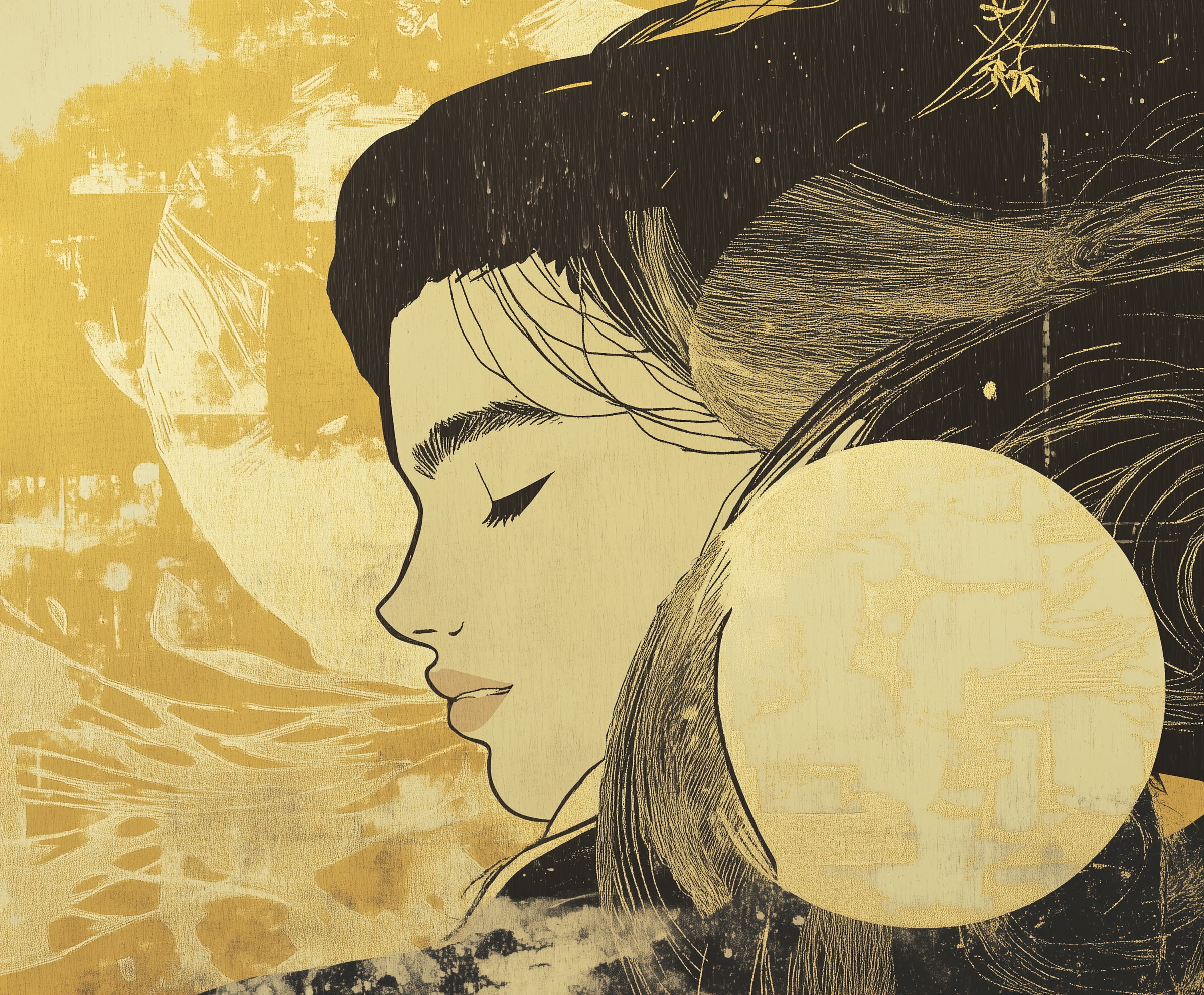 A quiet illustration of a woman with closed eyes, her hair and breath flowing into an abstract, textured background.