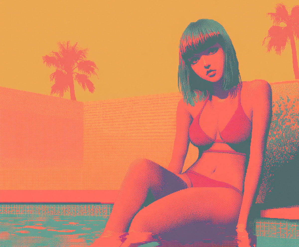A young woman sits by the hotel pool, her legs half-submerged, the city waiting just beyond the walls.
