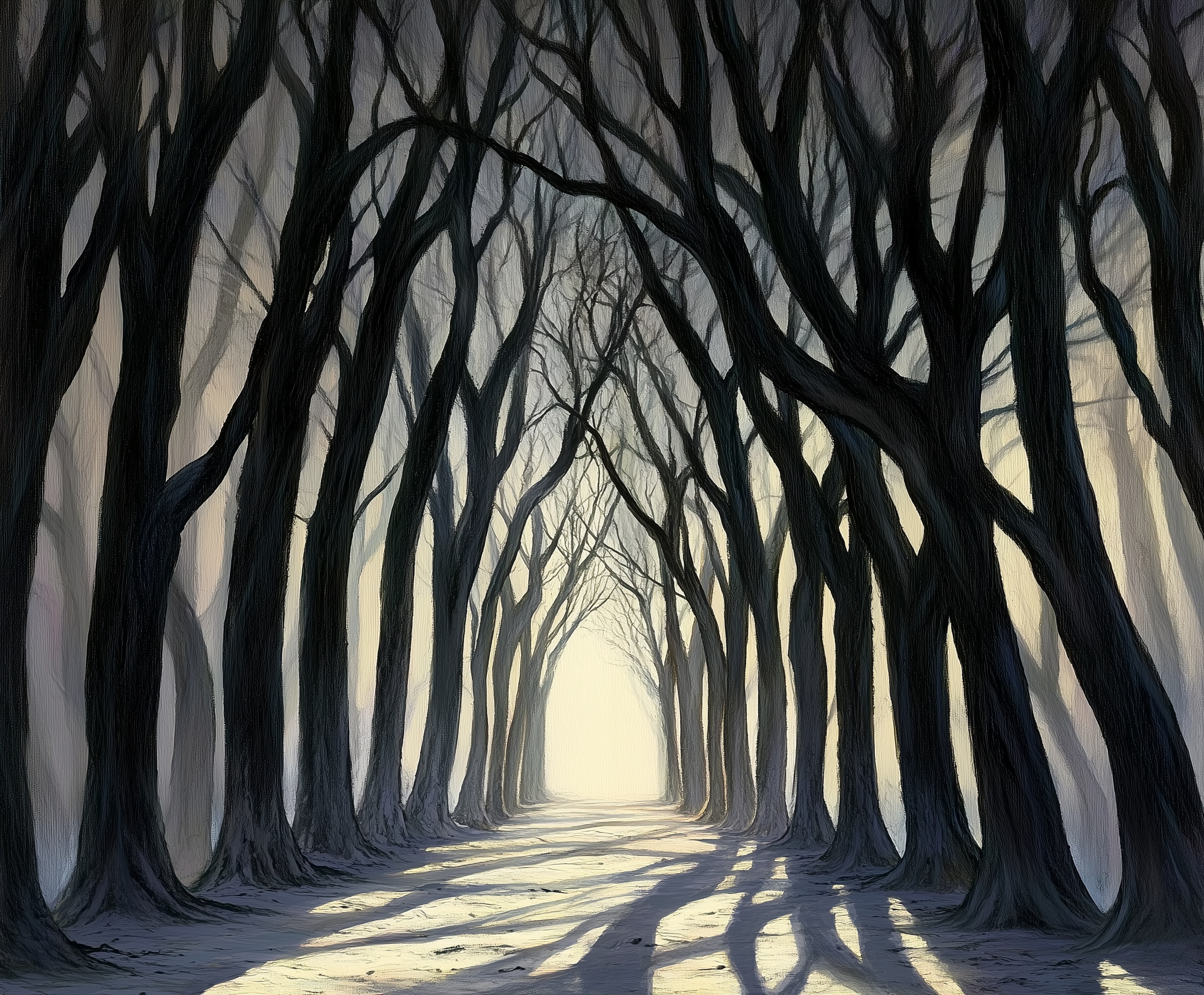 Dark trees arching over a snow-covered forest path, with pale winter light filtering through the silence.