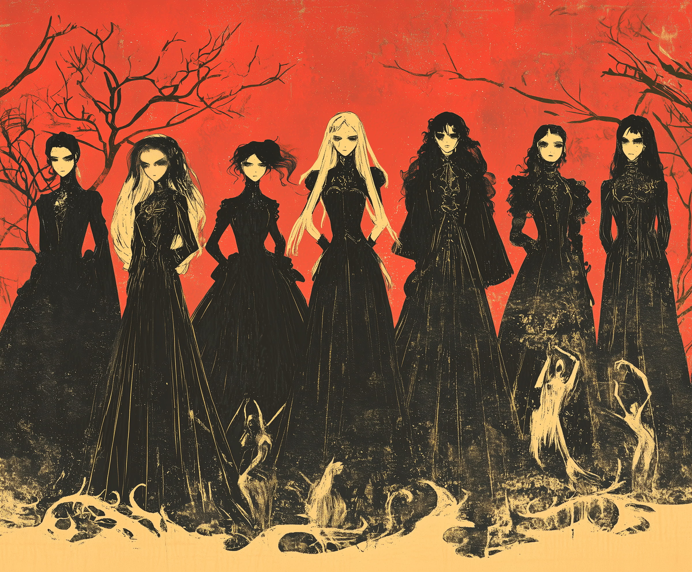 A coven of dark-clad women stands beneath a crimson sky, their eerie beauty both inviting and terrifying, as ghostly figures writhe at their feet.