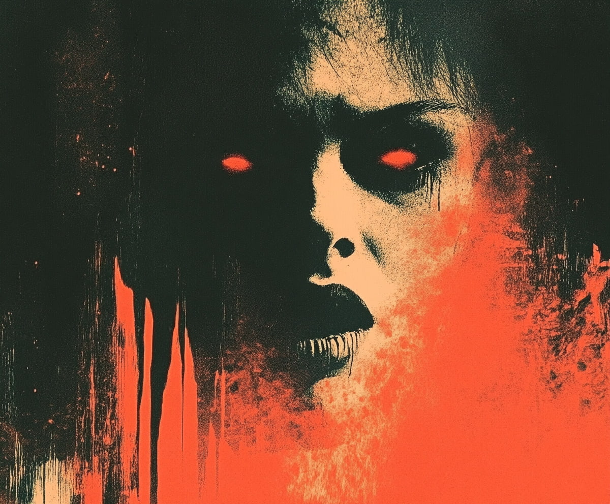 A ghostly, half-dissolved face with glowing red eyes emerges from the darkness, lips parted, hunger dripping from every curve of its form.