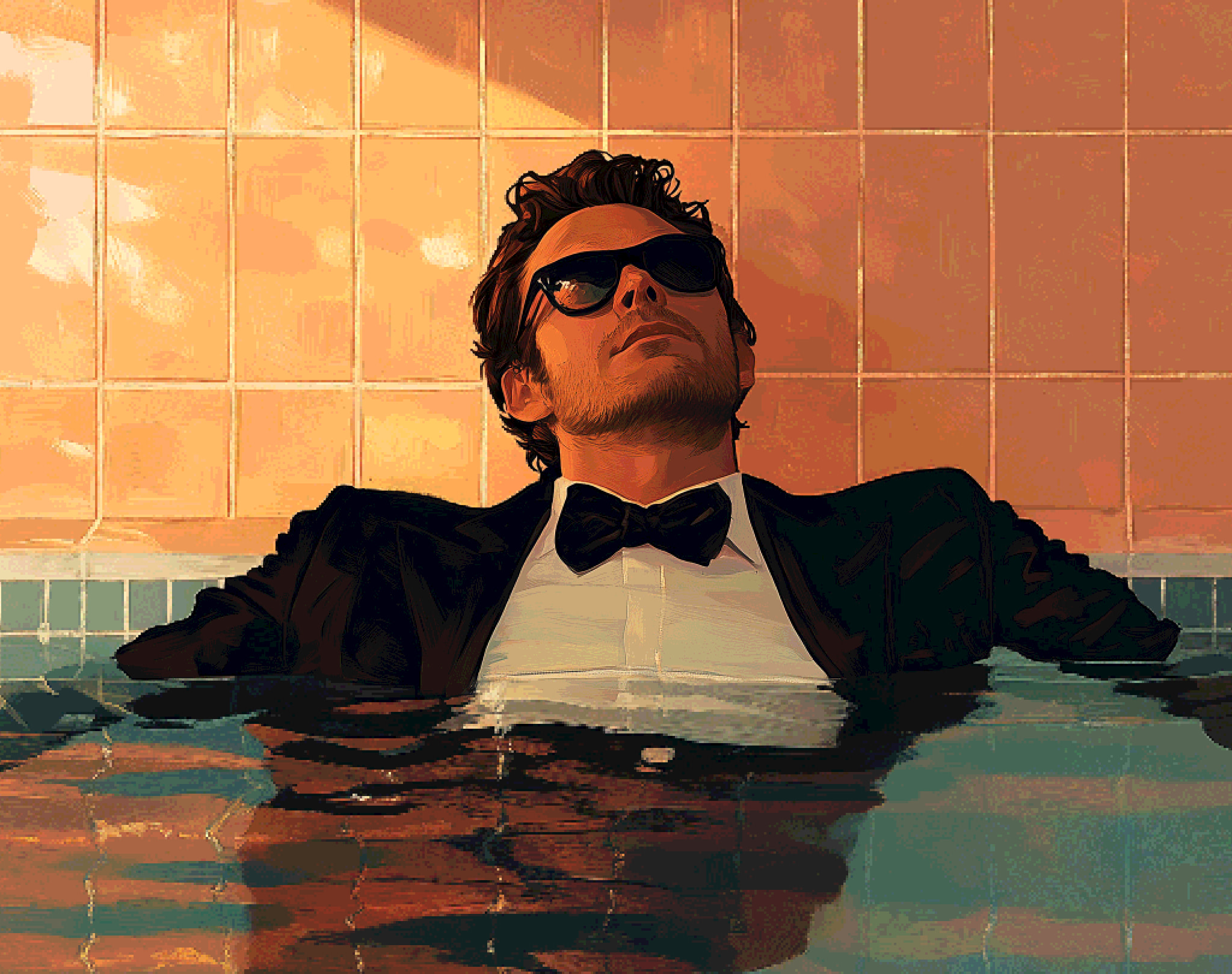 A man in a tuxedo and sunglasses lounges in a pool, half-submerged, looking effortlessly smug. The golden tiles behind him glow like the aftermath of a very good, very bad decision.